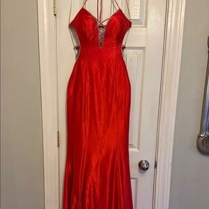 Red Sleeveless Halter Backless Gown
